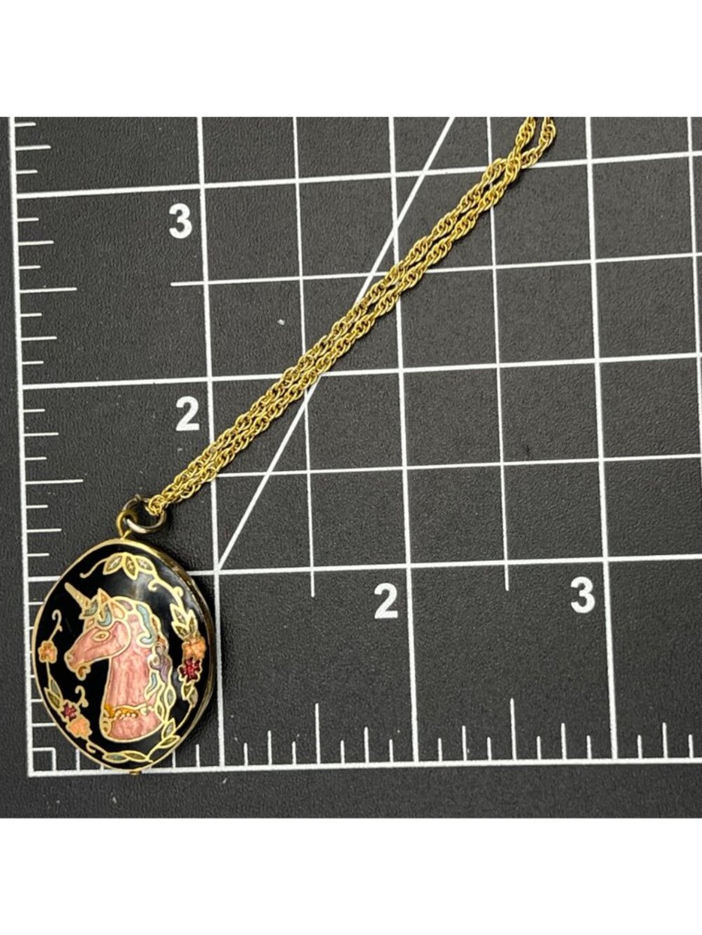 Vintage Unicorn Pendant Necklace Gold-Tone Cloisonne Black Double Sided Oval 23" - Picture 6 of 10